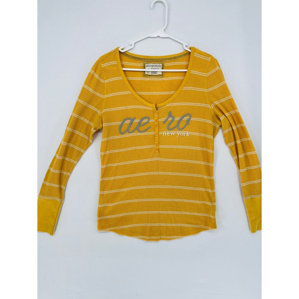 Aeropostale Henley Top Womens XL Yellow Waffle Knit Striped Long Sleeve Shirt